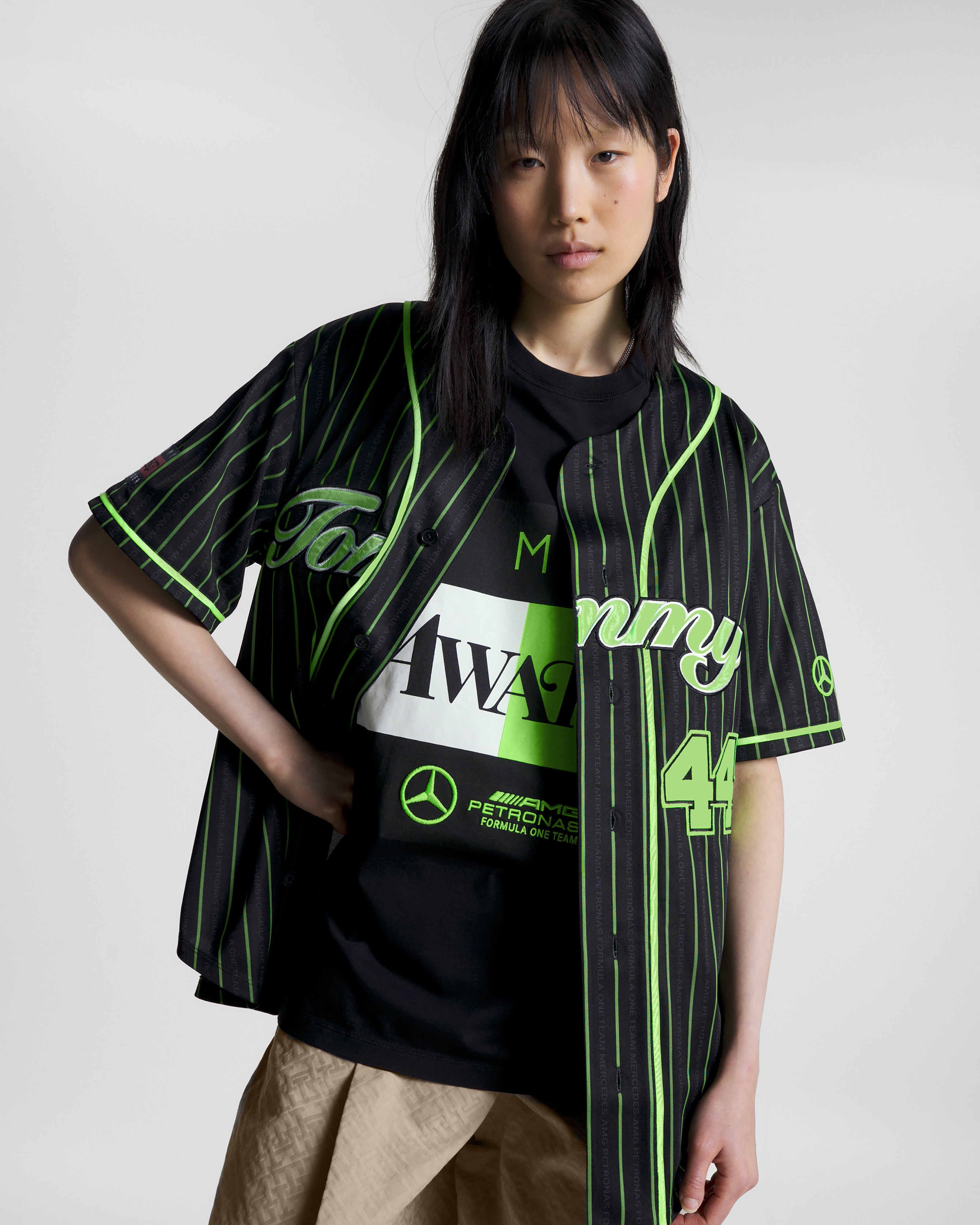 Tommy x Mercedes AMG F1 x Awake NY Baseball Jersey Black Green 44 Official Mercedes AMG PETRONAS F1 Team Store