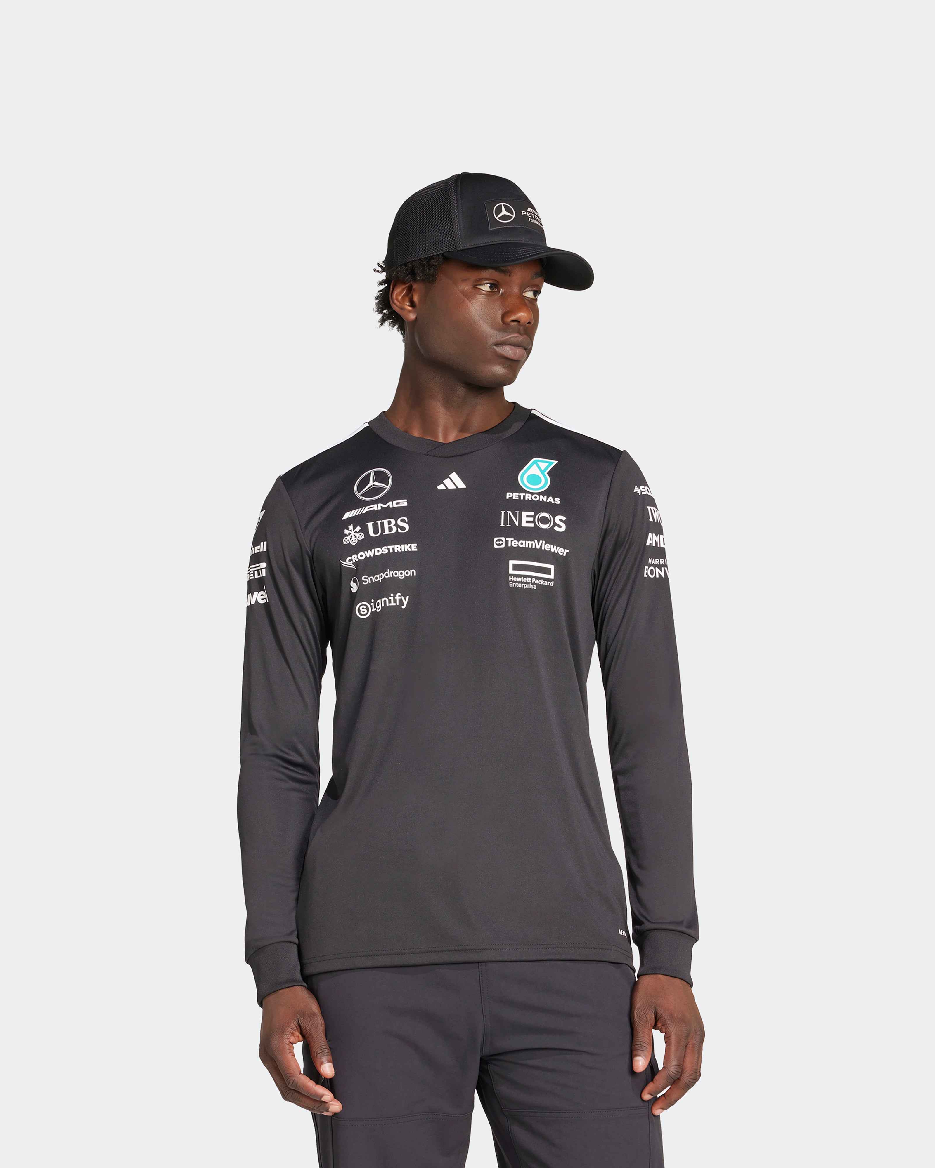 Mens 2025 Team Long Sleeve Driver Tee Black | Official Mercedes