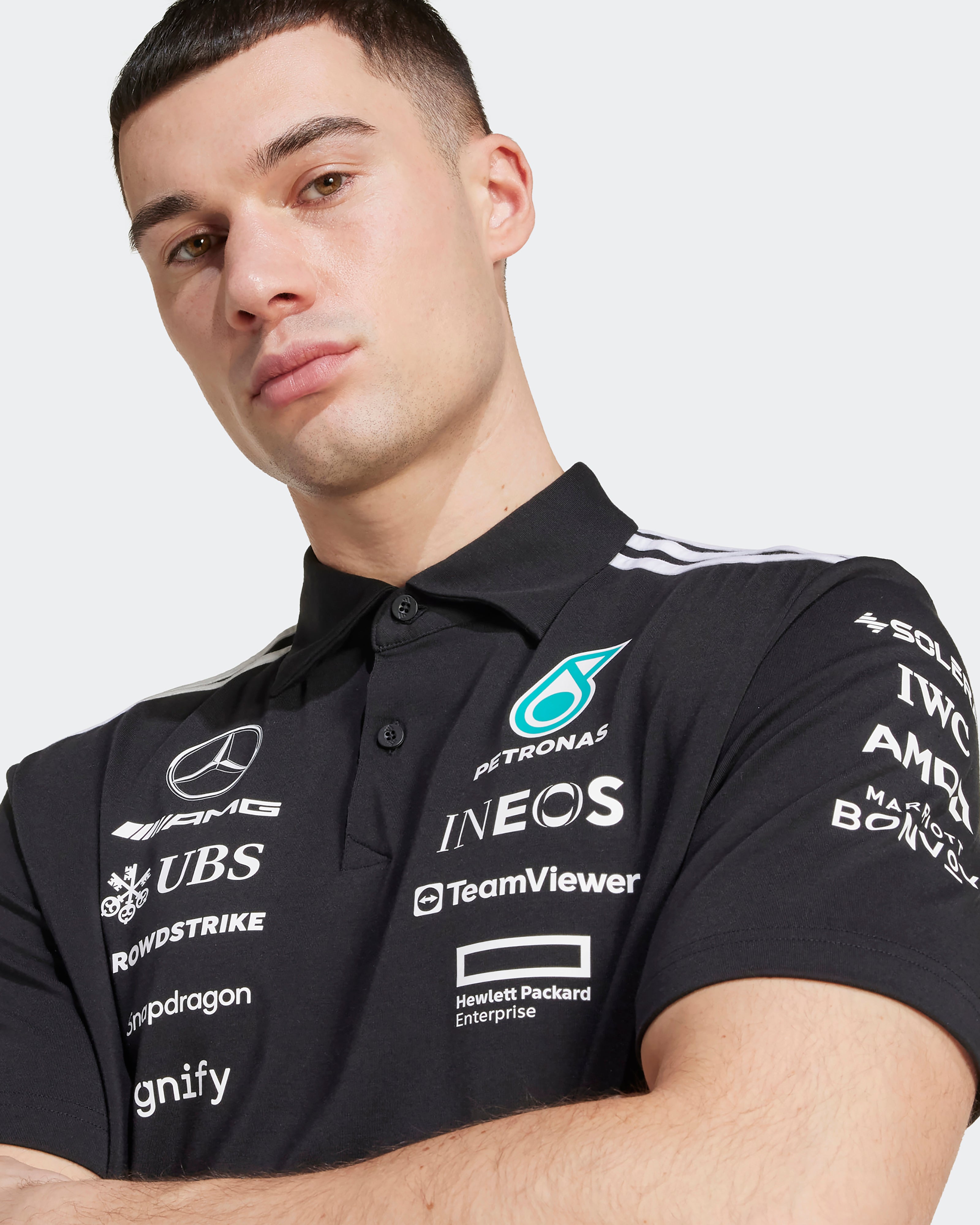 Mens 2025 Team Polo Black Official Mercedes-AMG PETRONAS F1 Team
