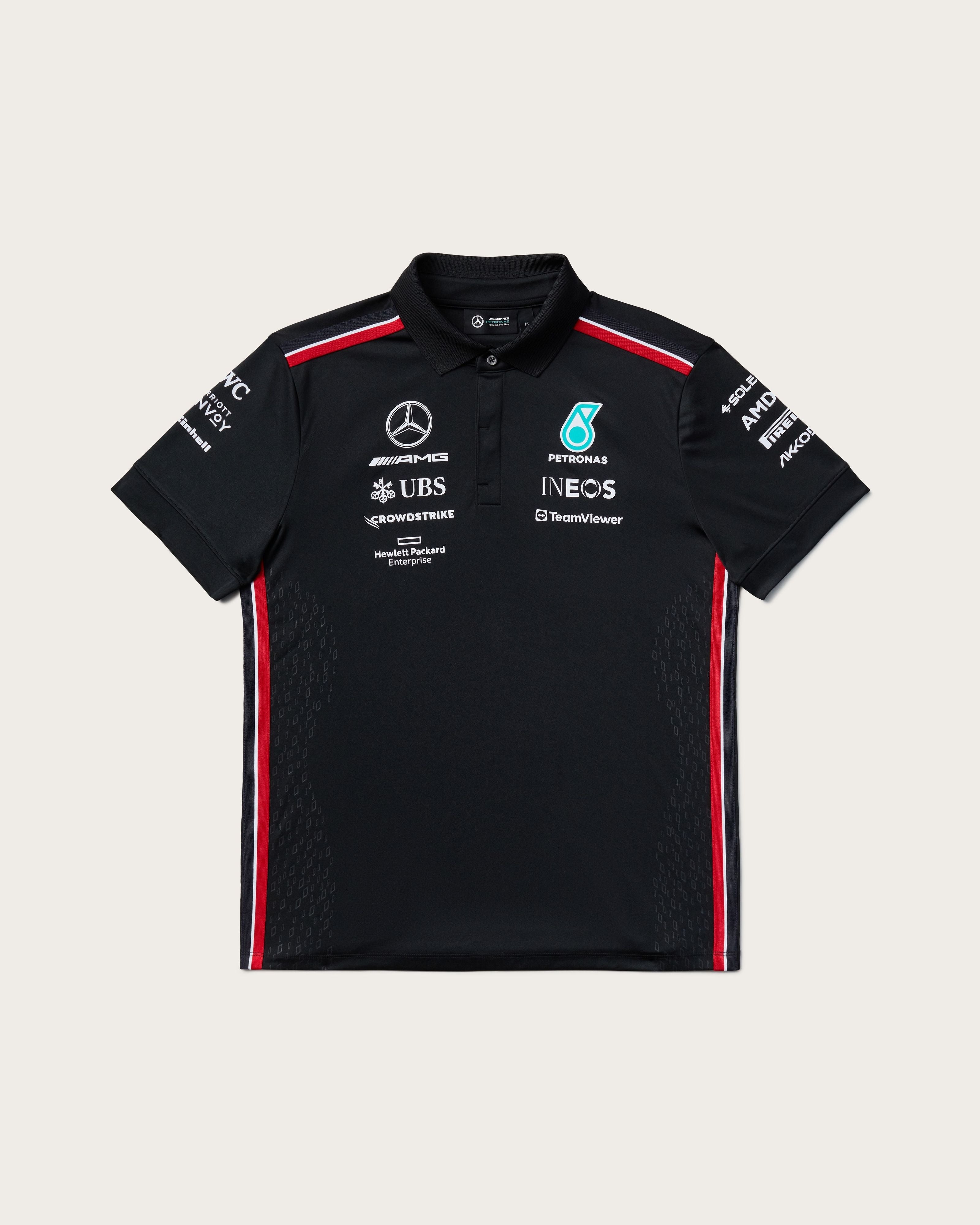 Mens 2023 Team Polo Black Official Mercedes AMG PETRONAS F1 Team Store